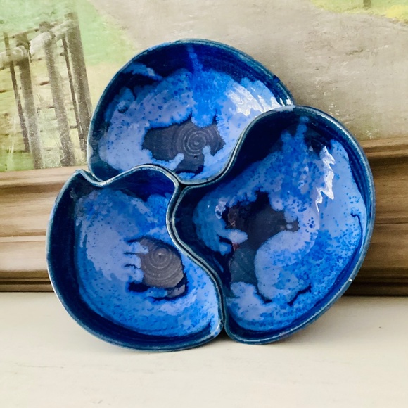 Studio Pottery Blue Glaze Triple Pinched Large Bowl Serving Dish Artist Signed - Picture 2 of 12